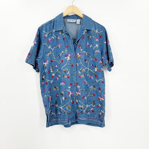 Vintage 90s Jane Ashley Embroidered Floral Denim Button Down Medium - Picture 1 of 5